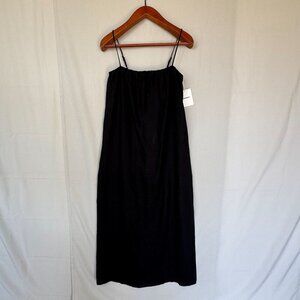 Venroy Black Gathered Linen Square Neck Strappy Column Shift Maxi Dress Size M